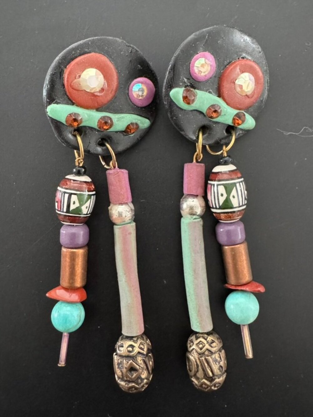 VTG Runway BOHO Chunky Eclectic Earrings Statement Brass Dangle Pierced 80s